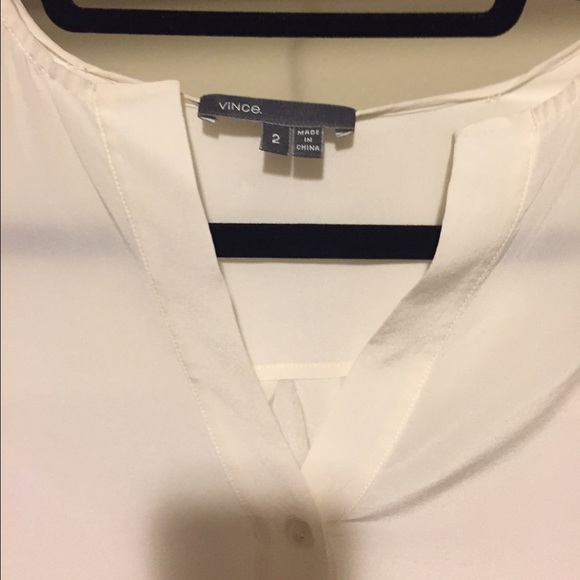 VINCE. Collarless Silk Blouse in White.