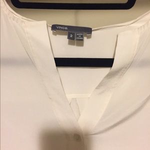 VINCE. Collarless Silk Blouse in White.
