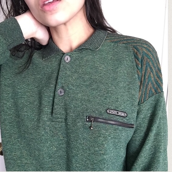 Vintage Sweaters - GREEN VINTAGE SPORTS CASUAL COLLARED SWEATER