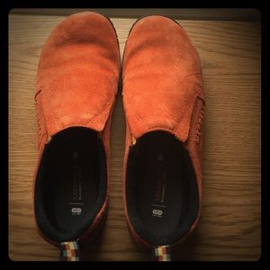 Orange suede Merrell loafers