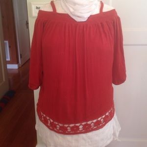 Red Blouse Lace Trim Size M Off The Shoulder