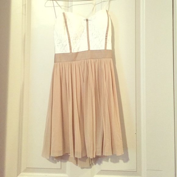 Strapless tan and white dress