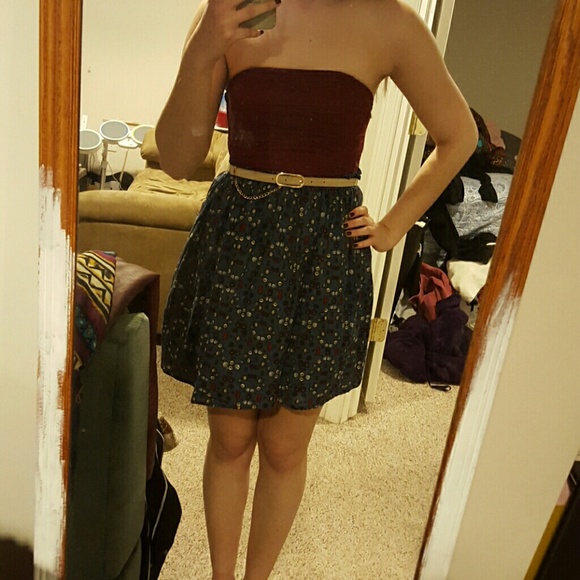 Blue and burgundy strapless button dress