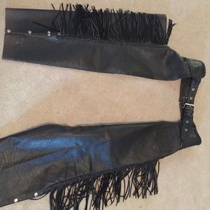 Black fringe leather chaps  by leather.com.