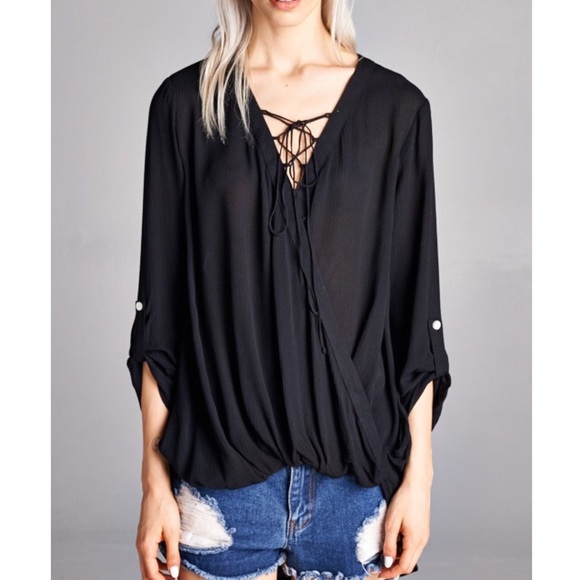 🆕LARA lace up front loose fit blouse - BLACK - Picture 2 of 3