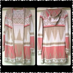 Coral, tan, white, brown hooded cardigan
