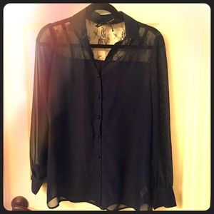 Sheer button up with floral lace accent