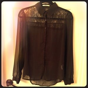 Brown sheer button up with floral lace accent