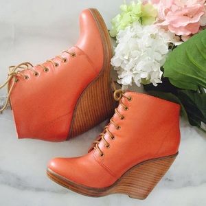 Cute & Bright Coral Leather Wedges, Stacked Heel