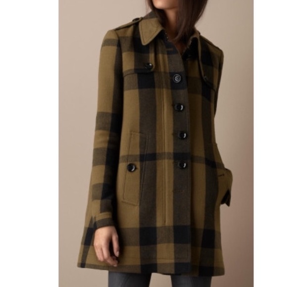 Burberry Brit Green Check Wool Blend Swing Coat