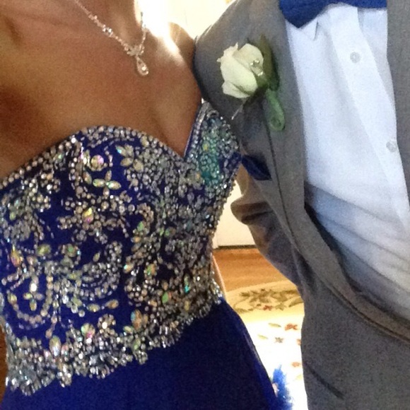 Royal Blue Detailed Jeweled Prom Dress - Picture 2 of 2