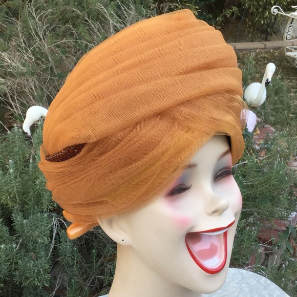 Vintage 1940s -50s Glam Copper Net Bead Turban Hat