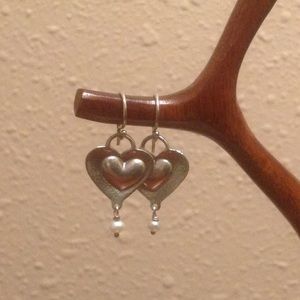Sterling Silver Heart Earrings with hanging Pearls