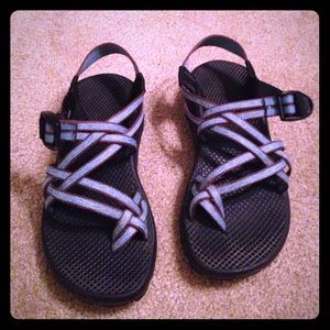 Blue zebra print chacos
