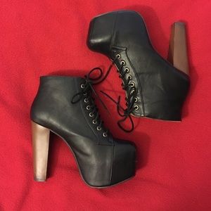 Black Leather Chunky Pump Heels