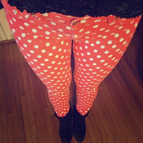 Orange and White Polkadot Jeggings w Gold Button
