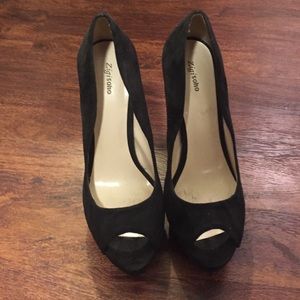Black suede peep-toe high heels