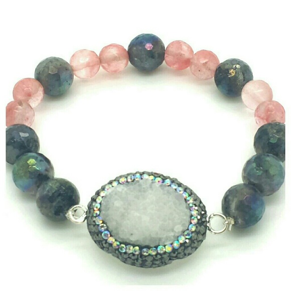 Druzy, Pink Quartz with Labrodite Bracelet.