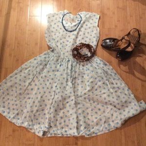 Vintage 1950s White and Blue Polka Dot Dress