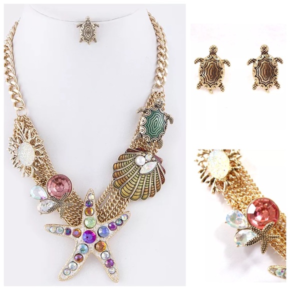 Crystal Seashell Turtle Statement Necklace ED21 - Picture 2 of 4