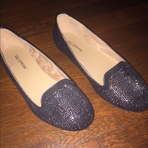 Black suede flats with gold sequin