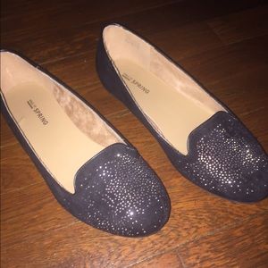 Black suede flats with gold sequin