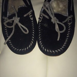 Sperry Black Shimmer Fur Moccasin Slipper Size 7