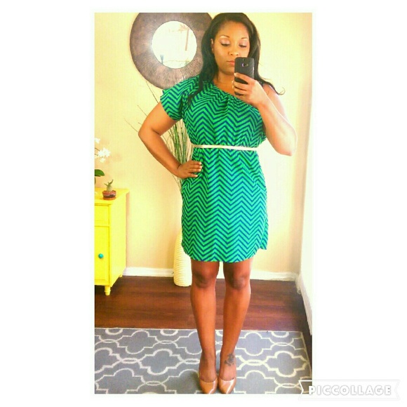 Blue/Green Chevron Print one shoulder dress