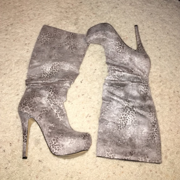 Gray cheetah print high boots