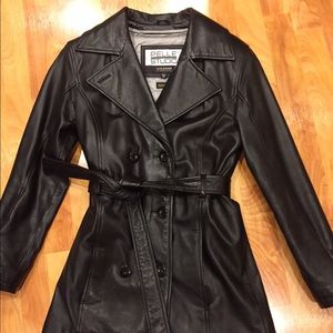 Black leather double-breasted coat, XS