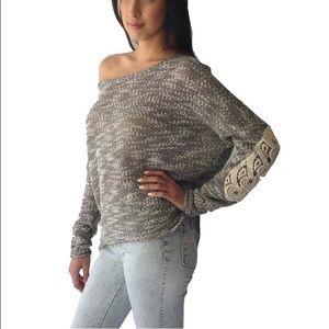 New CROCHET ELBOW MARLED PULLOVER TOP