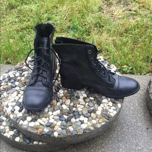 Black leather lace up ankle boots