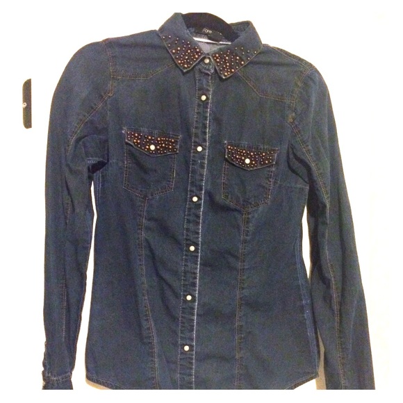 Beaded dark wash chambray shirt