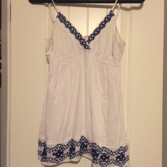 White cotton tank top with blue embroidery