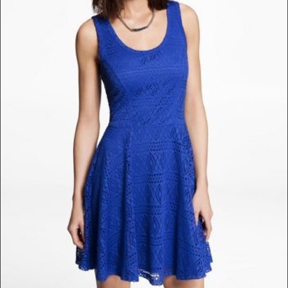 Express Blue Lace Geometric Dress Fit&Flare Skater