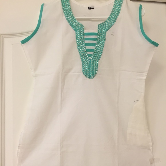 White and teal shift dress