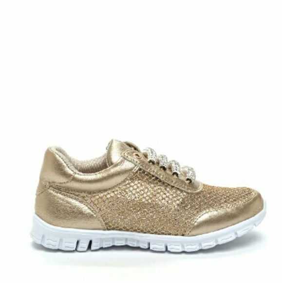Gold glitter mesh and leather sneakers