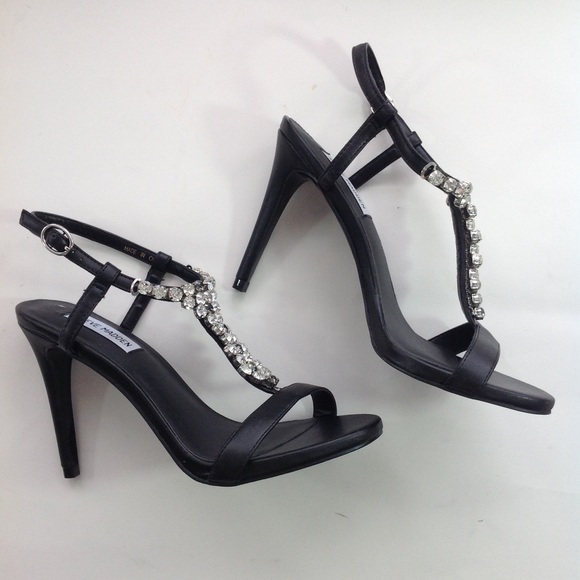NEW STEVE MADDEN rhinestone vegan black sandals 10 - Picture 2 of 4