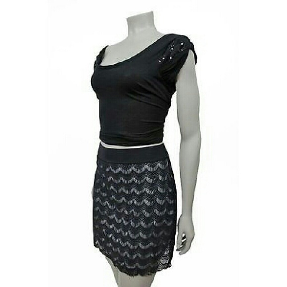 Free People scalloped lace skirt black blk Sz M - Picture 2 of 4