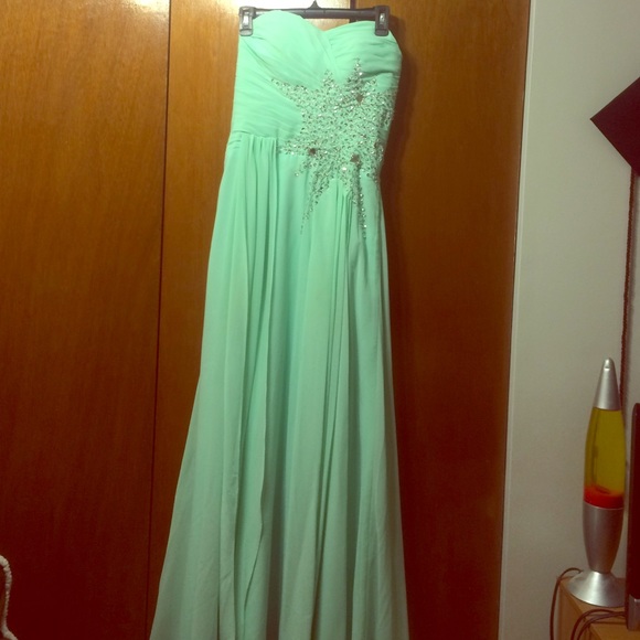 Mint green formal dress.