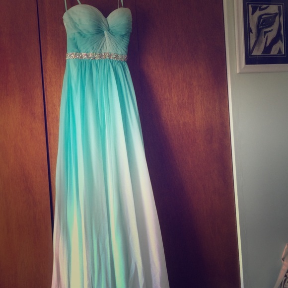 Long ombré mint green to white prom dress