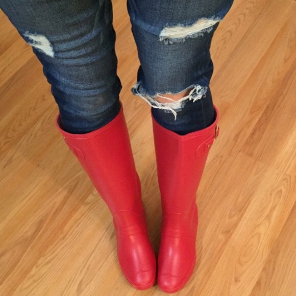 Red Knee High Buckle Rain Boots - Picture 3 of 4