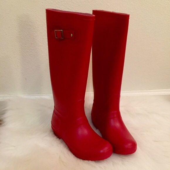 Red Knee High Buckle Rain Boots - Picture 4 of 4