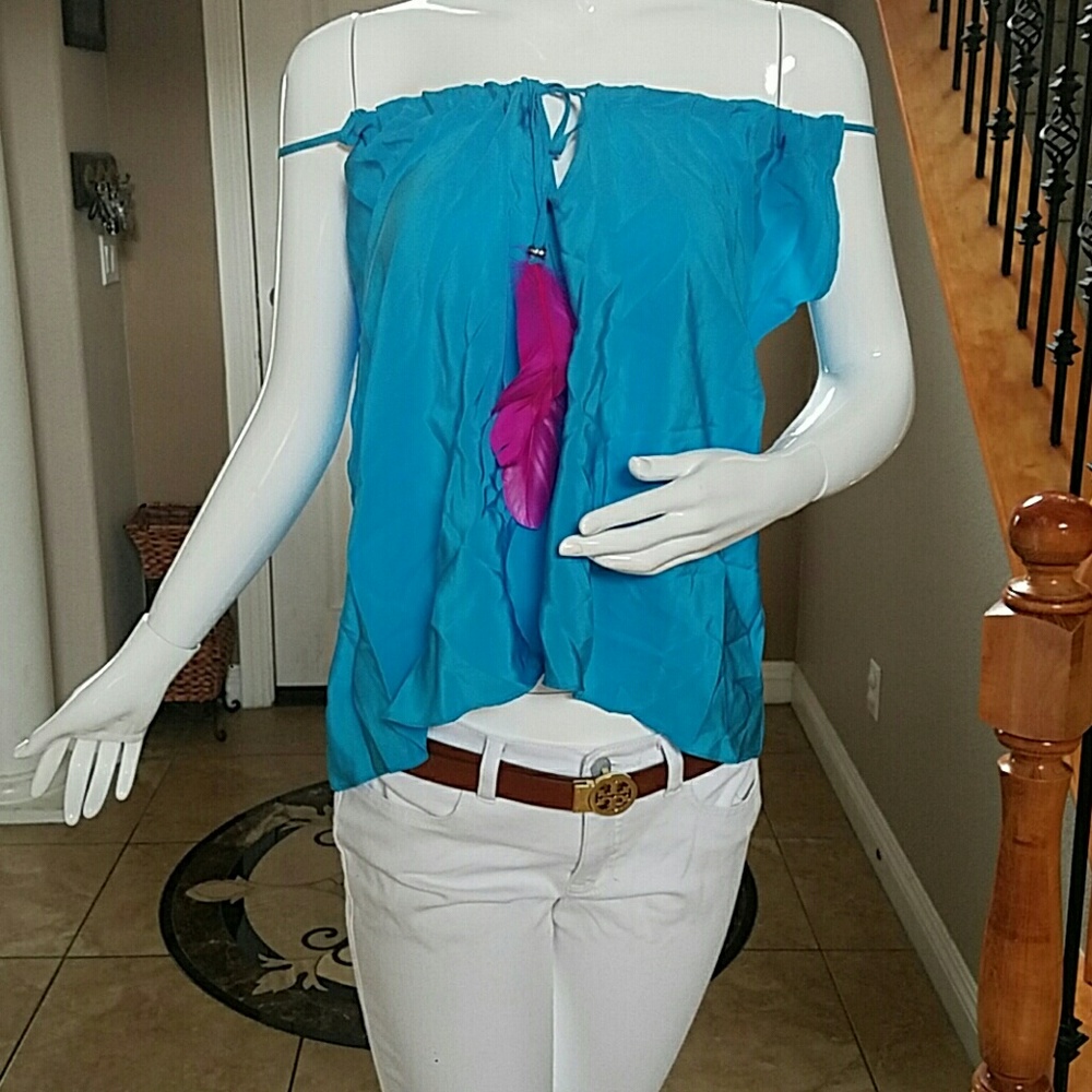 Silk, feather tassel top. Turquoise