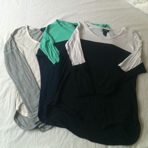 THREE dual colored Rue21 long sleeve shirts