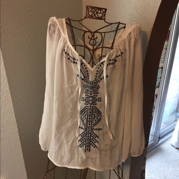 White blouse with navy embroidery, Kohls