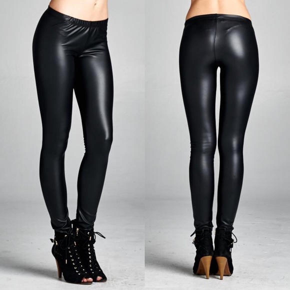 "Oil Slick" Coated Shiny Black Leggings - Picture 2 of 4
