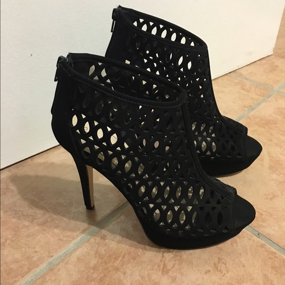 Caged black peep toe bootie heel