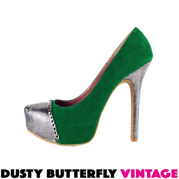 [SOLD]PLATFORM HEELS STILETTOS Emerald Green Silve - Picture 1 of 4