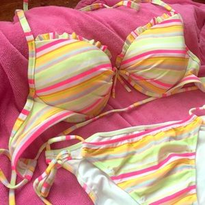 Victoria's Secret Neon/Gold Stripe Bikini Set